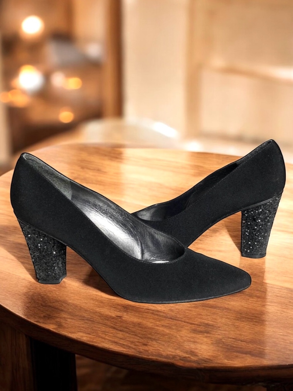 Stuart Weitzman Pumps Glitter Heels Black Satin